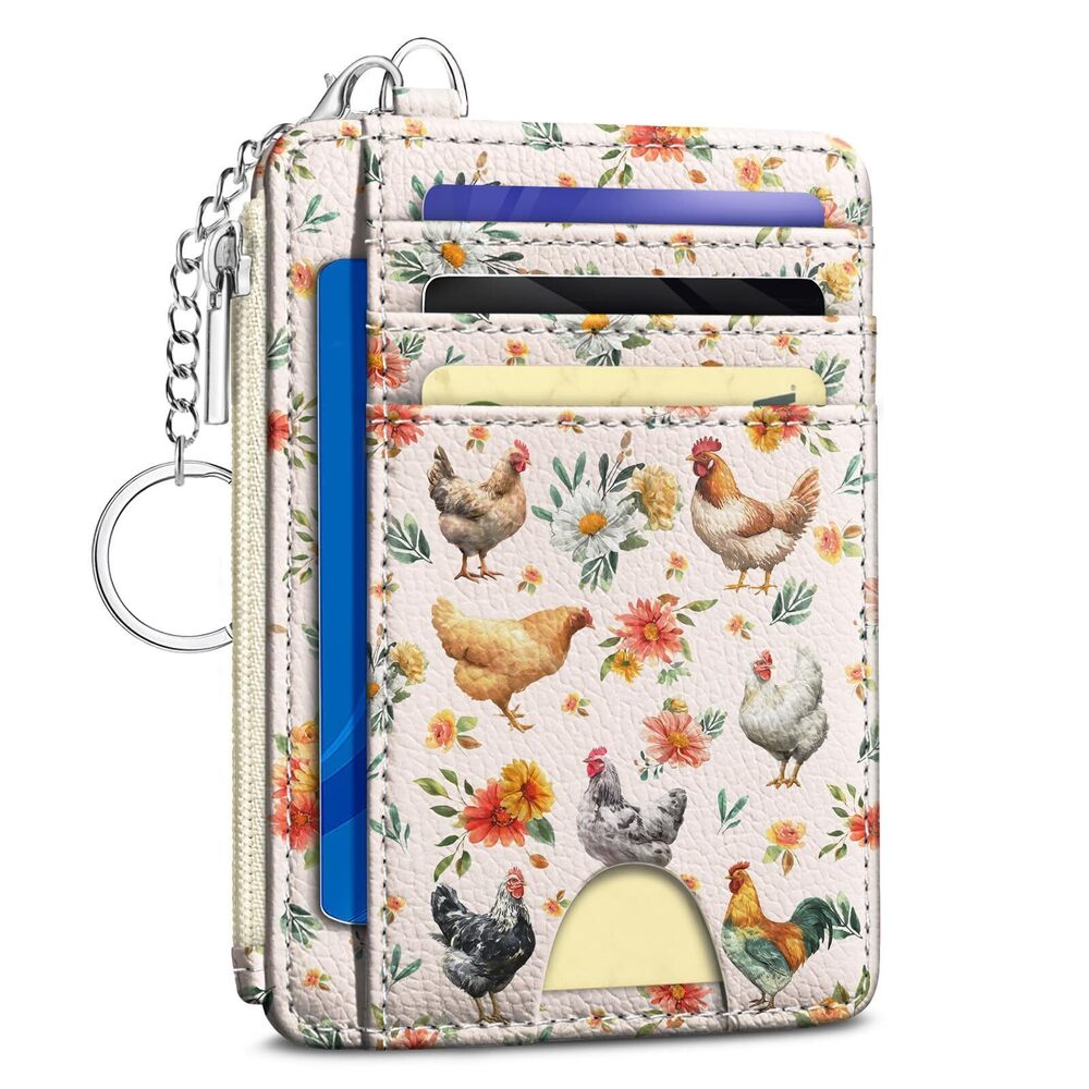 5433 Chicken Rooster Credit Card Holder Small Wallet , Flowers Slim RFID